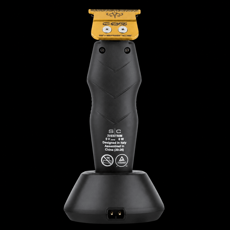 StyleCraft x 3Versince black trimmer with gold ES5 blade on its charging base