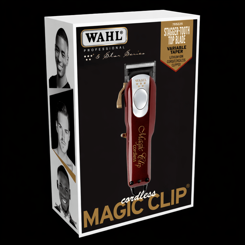 Wahl Magic Clip packaging with a red Magic clip on a black background