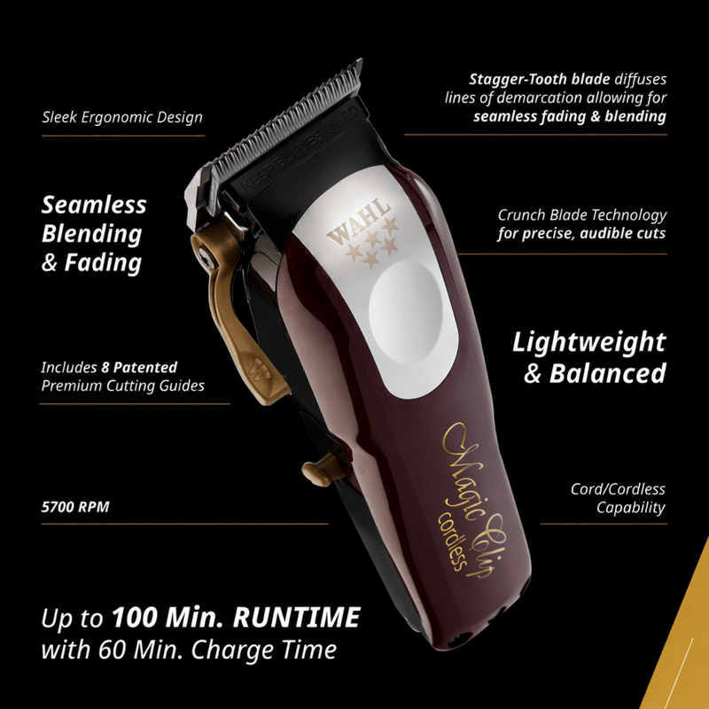 Wahl Magic Clip hair clipper with features listed on a black background
