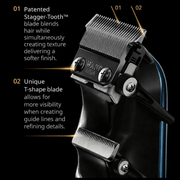 Wahl hair clipper with features highlighted on a black background