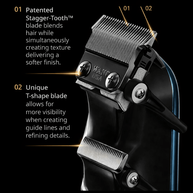 Wahl hair clipper with features highlighted on a black background