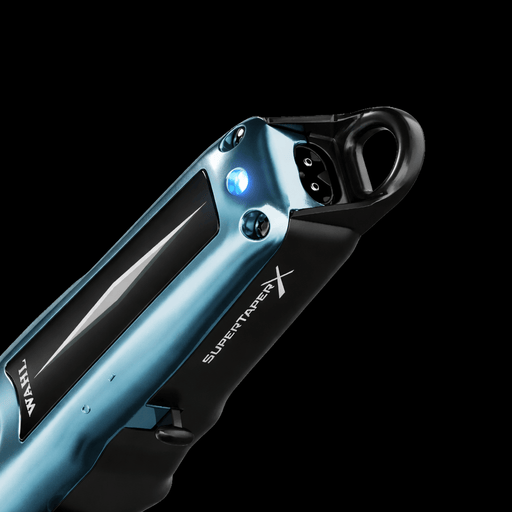 Super Vaper X clipper with metallic blue and black design on a black background