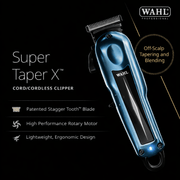 Wahl Super Taper X cordless clipper on a black background with product features listed. (Box PHOTO)