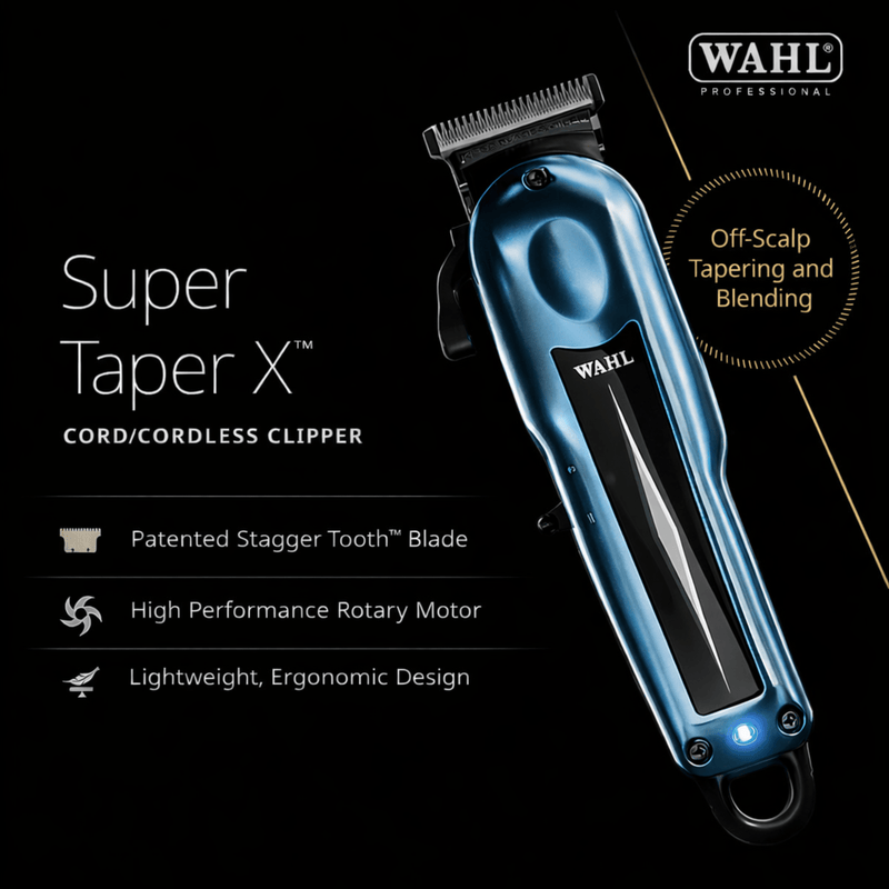 Wahl Super Taper X cordless clipper on a black background with product features listed. (Box PHOTO)