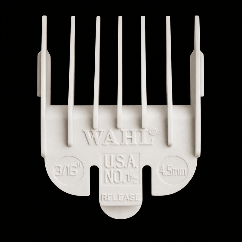 White Wahl hair clipper comb on a black background