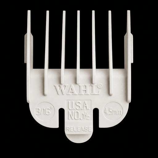 White Wahl hair clipper comb on a black background