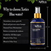 Xotic Blue Water facial spray bottle with features listed on a black background