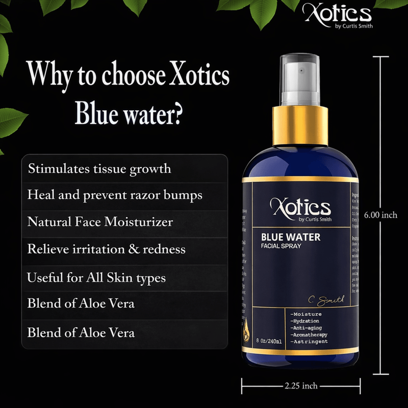 Xotic Blue Water facial spray bottle with features listed on a black background