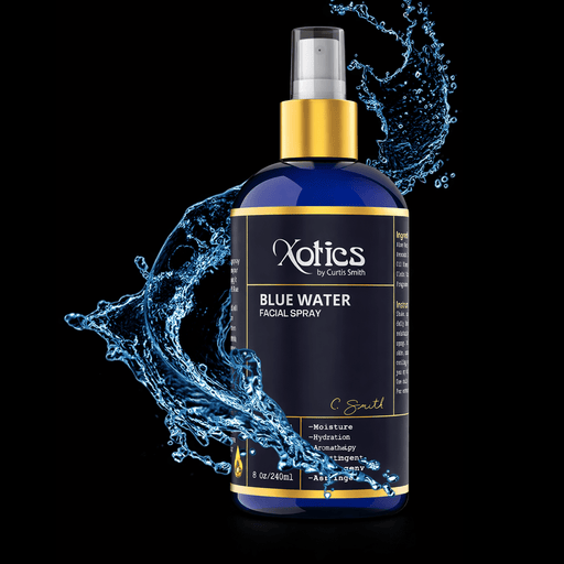 Blue Water Facial Spray bottle with water splash on a black background