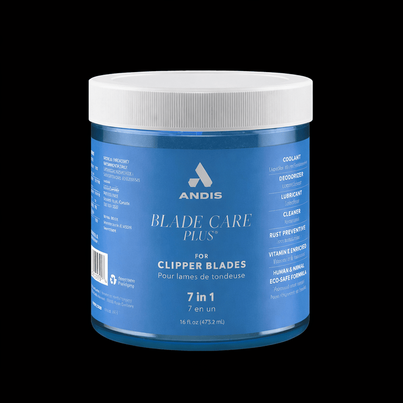 Andis Blade Care Plus 7-in-1 Formula – 16oz dip jar on black background