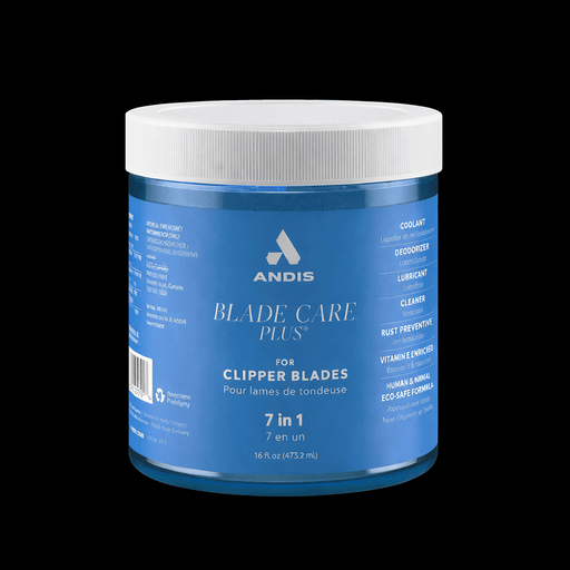 Andis Blade Care Plus 7-in-1 Formula – 16oz dip jar on black background