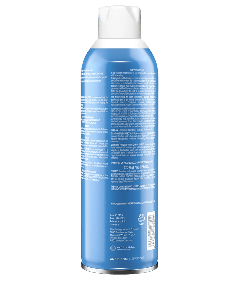 Andis Cool Care Plus 5-in-1 Clipper Blade Spray 15.5 oz – back label with directions and ingredients