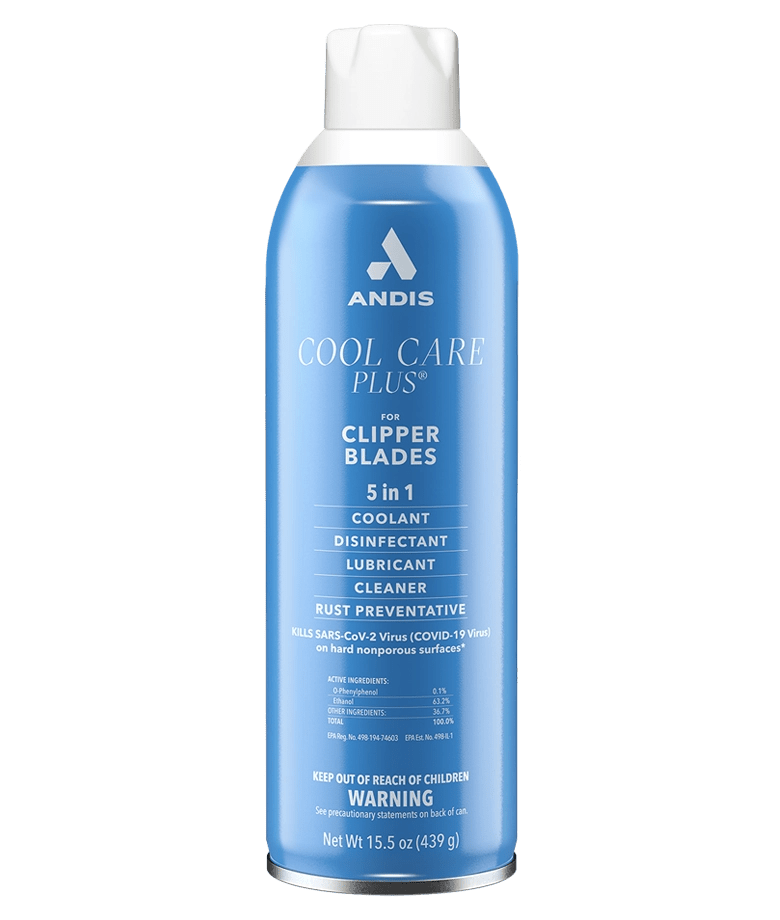 Andis Cool Care Plus Clipper Blade Spray 15.5 oz front view 5-in-1 coolant disinfectant lubricant cleaner and rust preventative for barber clippers and trimmers