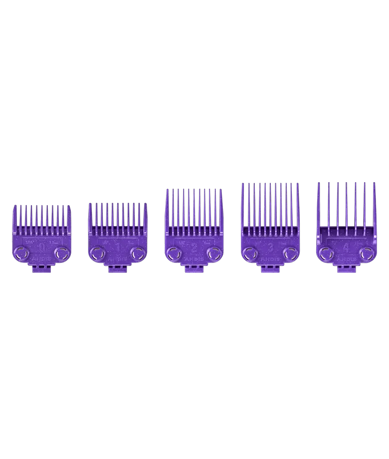Andis Dual Magnet Comb 5-Piece Set – straight front view of five magnetic attachment combs