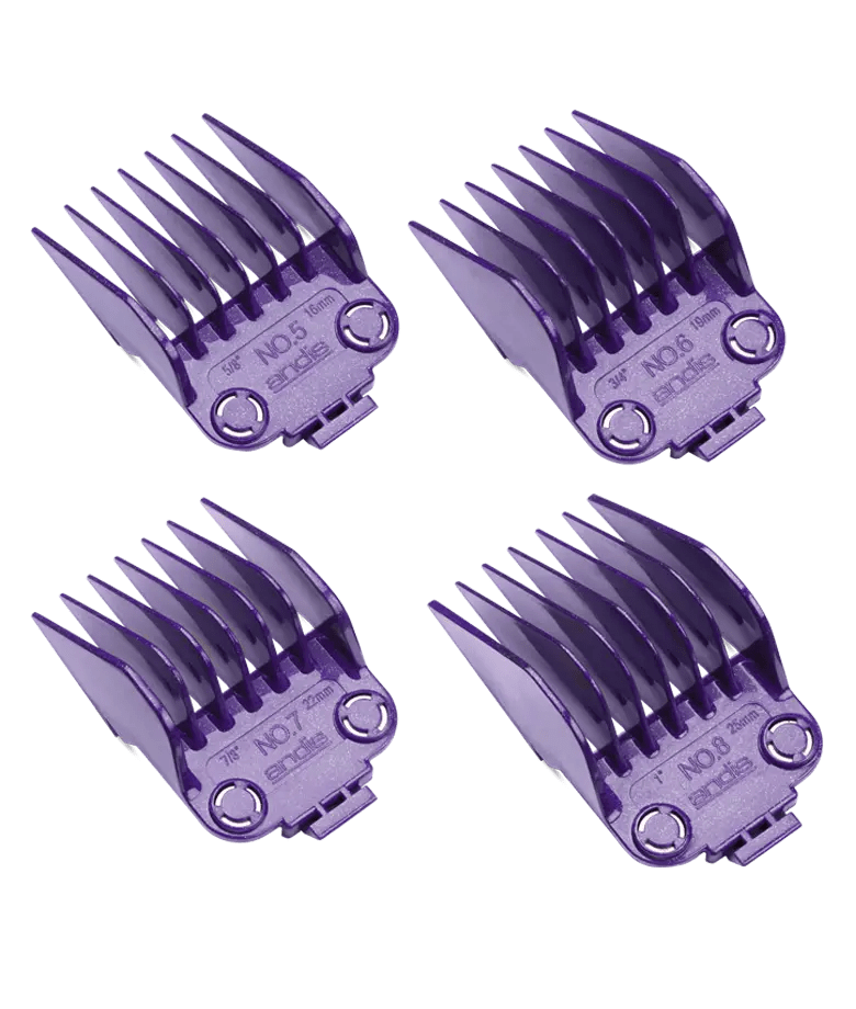 Andis Dual Magnet Comb Large 4-Piece Set – angle view of four silver magnetic combs