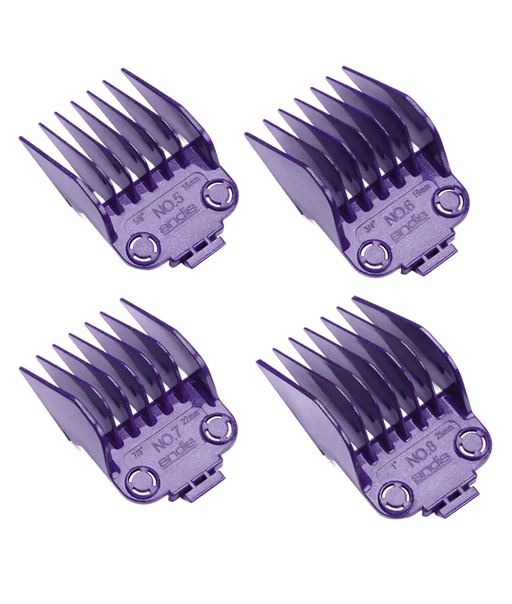 Andis Dual Magnet Comb Large 4-Piece Set – angle view of four silver magnetic combs
