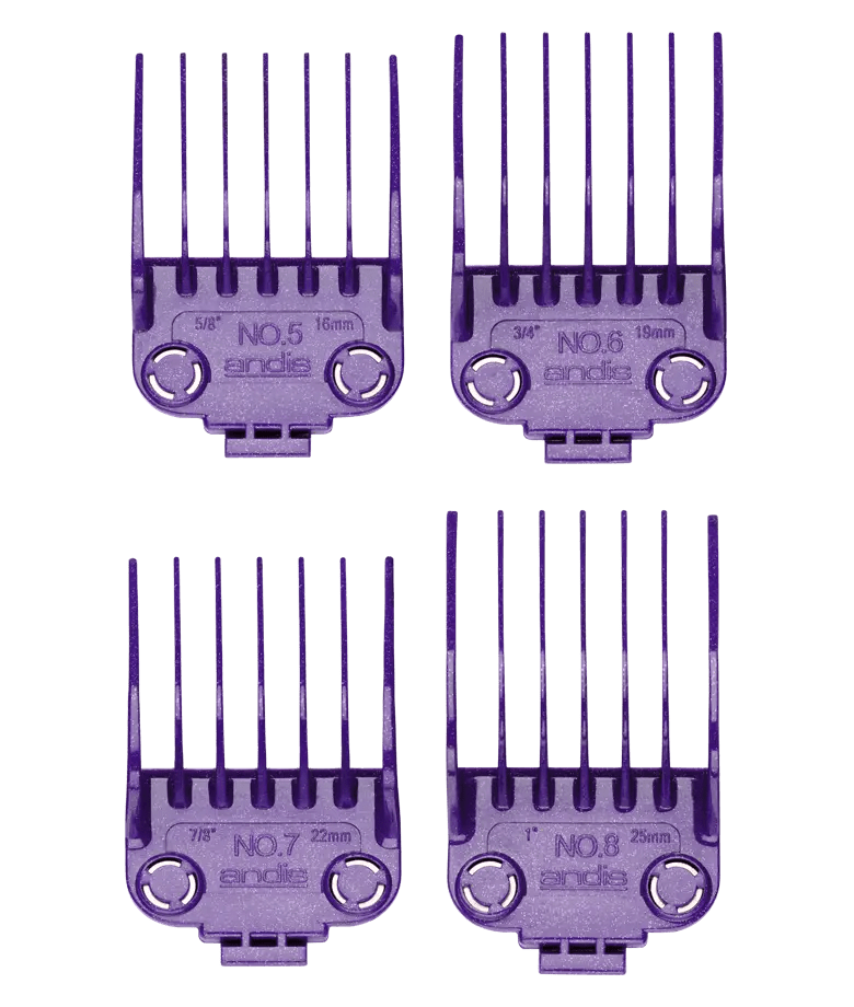 Andis Dual Magnet Comb Large 4-Piece Set – straight front view of four silver magnetic combs