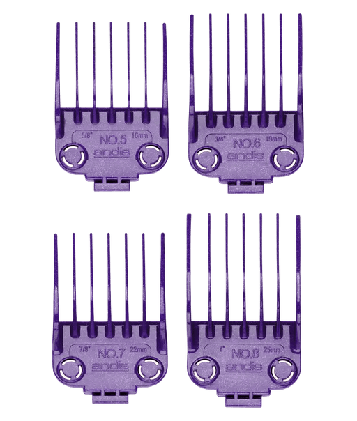 Andis Dual Magnet Comb Large 4-Piece Set – straight front view of four silver magnetic combs