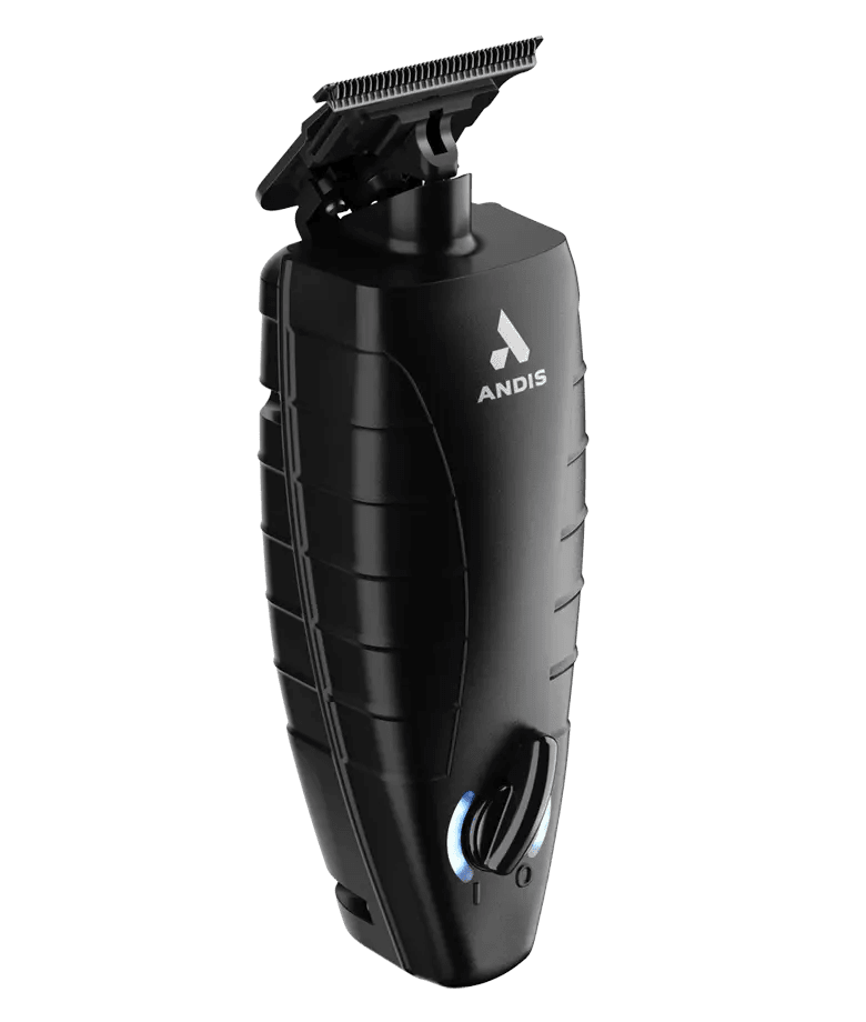 Andis GTX EXO cordless trimmer angled view showing ergonomic grip and exposed blade design