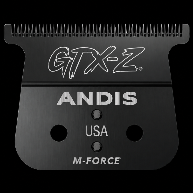Andis LYNC GTX-Z Deep Tooth Trimmer Blade #564396, black M-Force T-blade front view with GTX-Z and Andis USA etching