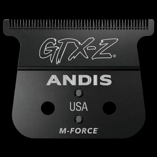 Andis LYNC GTX-Z Deep Tooth Trimmer Blade #564396, black M-Force T-blade front view with GTX-Z and Andis USA etching