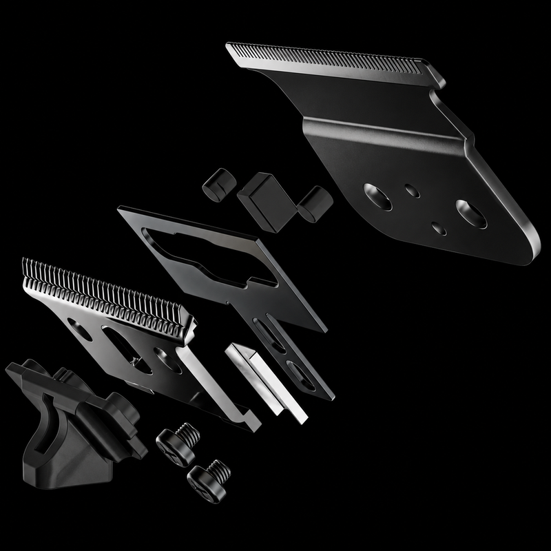 Exploded view of the Andis LYNC GTX-Z Deep Tooth Trimmer Blade #564396 showing blade, cutter, magnets and screws