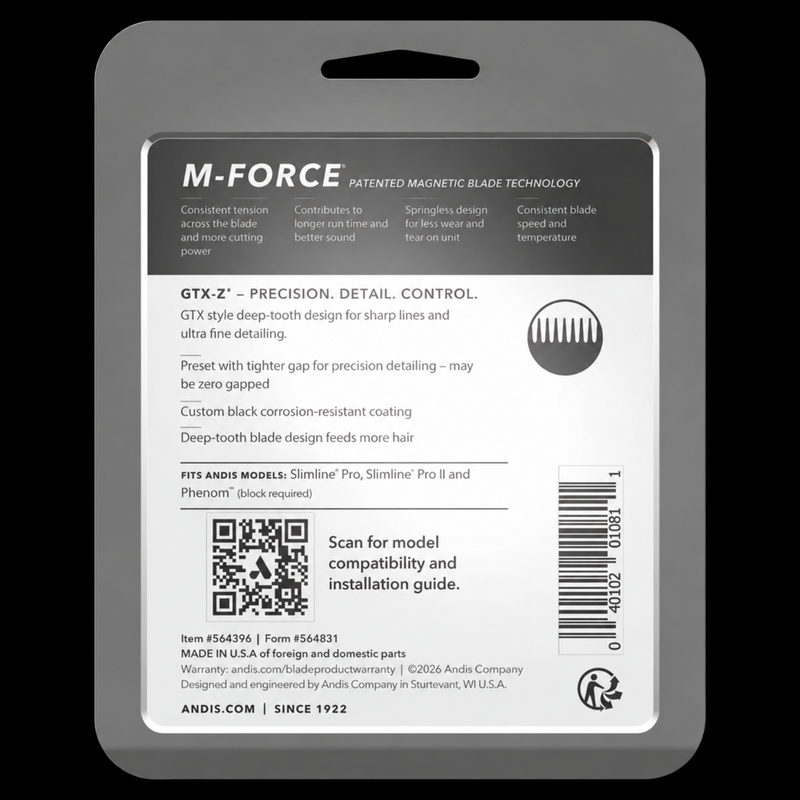 Andis LYNC GTX-Z Deep Tooth Trimmer Blade #564396 packaging back listing M-Force features and Slimline Pro fit