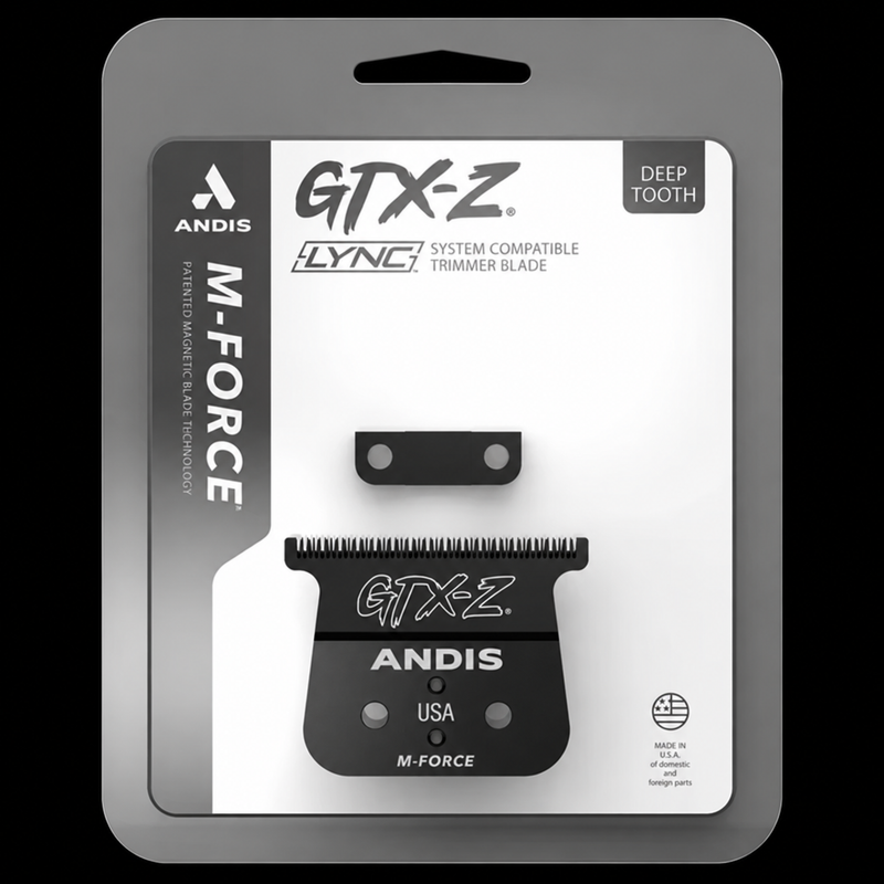 Andis LYNC GTX-Z Deep Tooth Trimmer Blade #564396 in retail packaging, front with M-Force blade and mounting block
