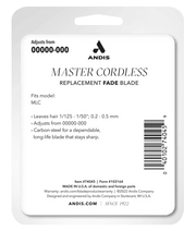Andis Master Cordless Li Replacement Fade Blade – packaging with specifications