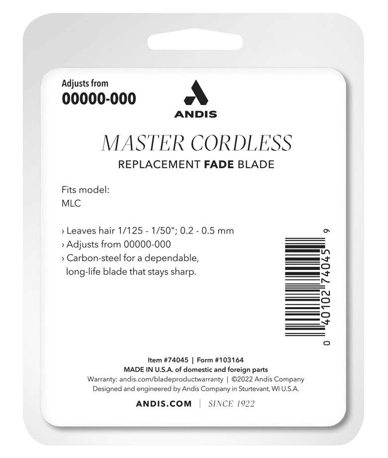 Andis Master Cordless Li Replacement Fade Blade – packaging with specifications