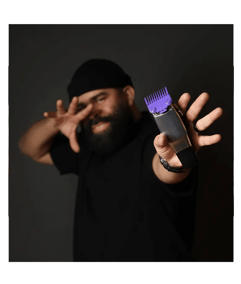 Andis Master Dual Magnet Comb Set – purple size 0 guard in use on clipper