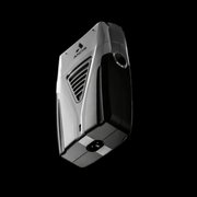 Silver and black golf club head on a black background