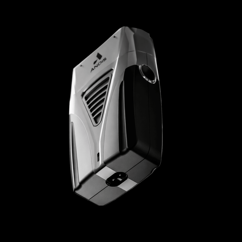 Silver and black golf club head on a black background
