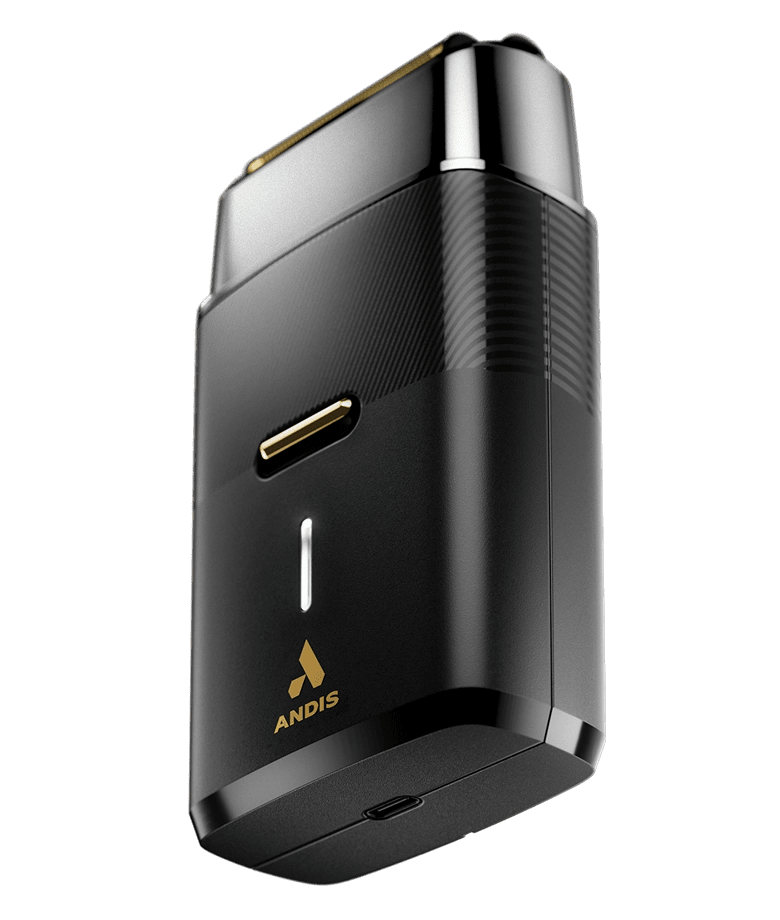 Andis ProFoil Plus II Shaver – angled view black and gold cordless foil shaver