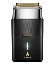 Andis ProFoil Plus II Shaver – black and gold front view cordless foil shaver for barbers