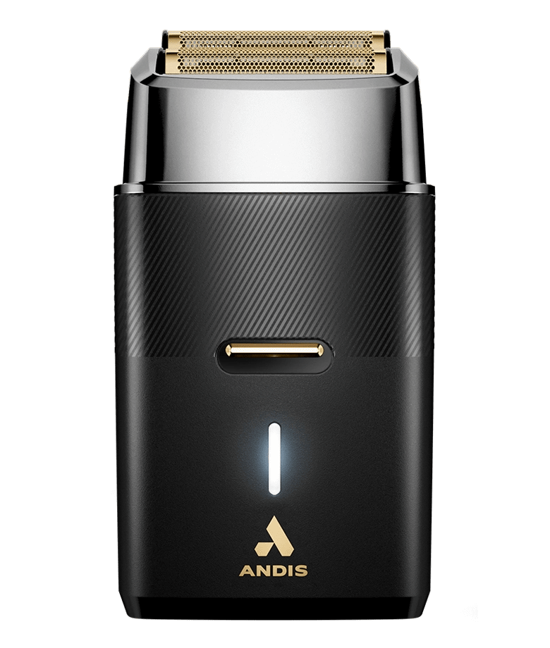 Andis ProFoil Plus II Shaver – black and gold front view cordless foil shaver for barbers
