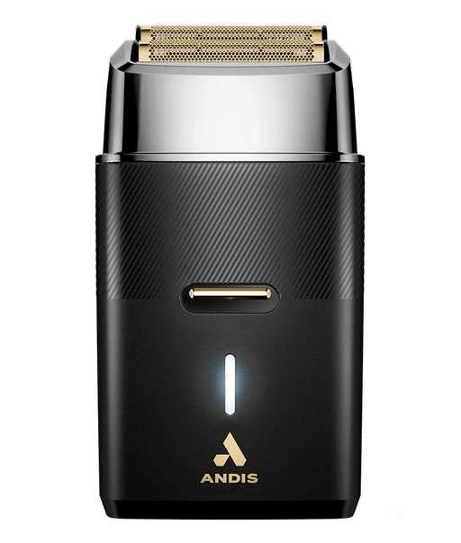 Andis ProFoil Plus II Shaver – black and gold front view cordless foil shaver for barbers