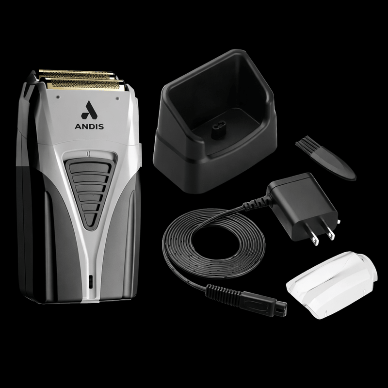 Andis electric razor with charging station, cable, and accessories on a black background