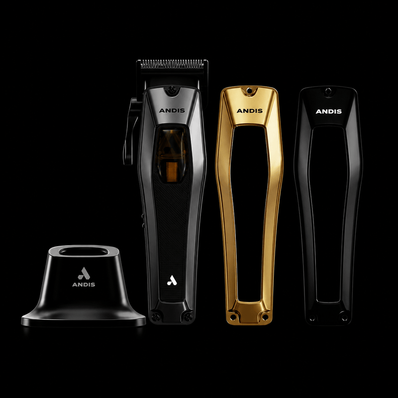 Andis RECON Clipper – full kit with accessories on black background