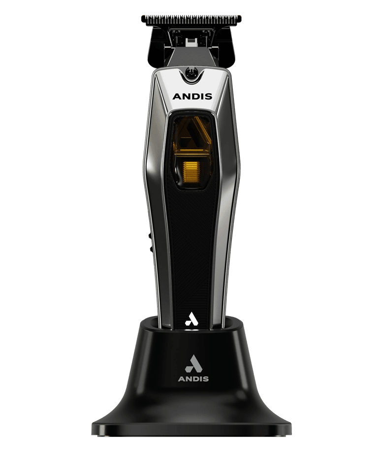 Andis reCON cordless trimmer on charging stand with hyper speed linear motor professional barber trimmer