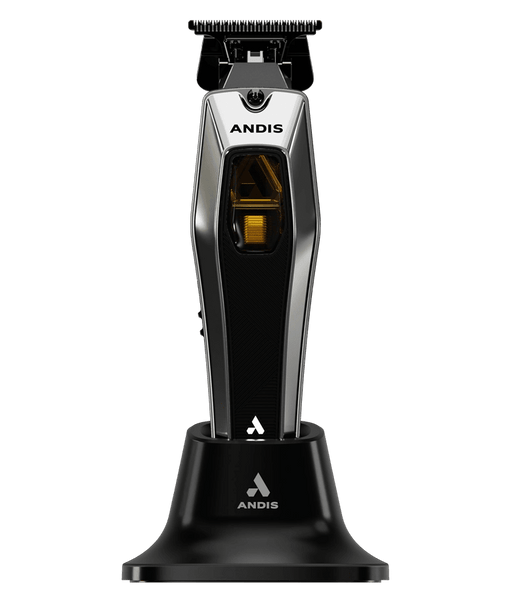Andis reCON cordless trimmer on charging stand with hyper speed linear motor professional barber trimmer