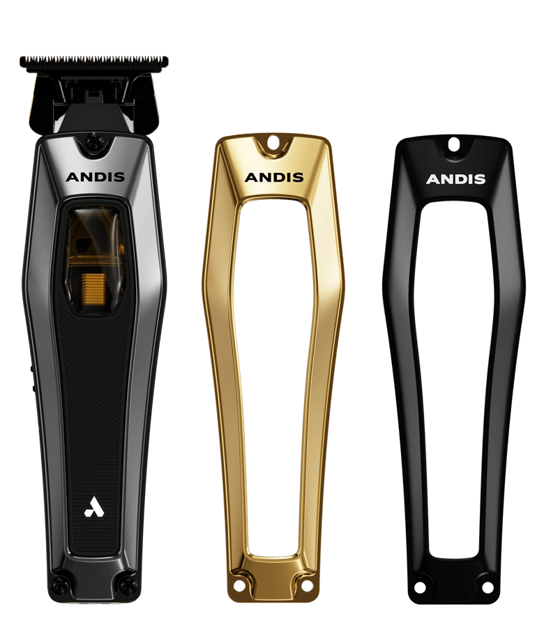 Andis reCON trimmer with interchangeable housing options in gold black and white for custom barber setups