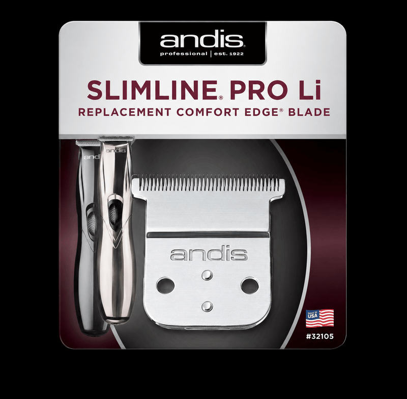 Andis Slimline Pro Li Replacement Blade – comfort edge blade packaging on black background