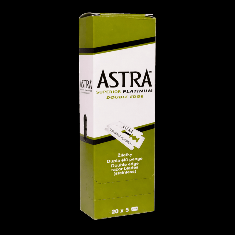 Astra Superior Platinum Double Edge Razor Blades – 100ct 20x5 box on black background