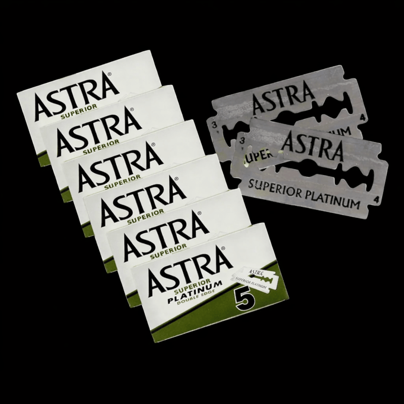 Astra Superior Platinum Double Edge Razor Blades – 5-pack with loose blades on black background