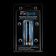 Replacement lithium ion battery with packaging for FX One hair styling tool on a black background