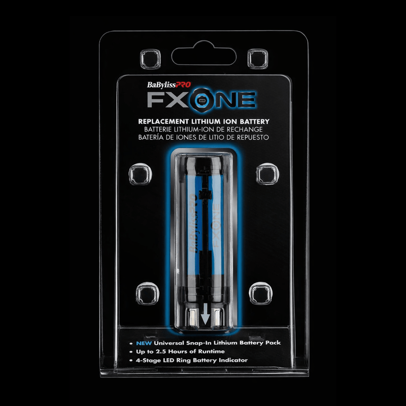 Replacement lithium ion battery with packaging for FX One hair styling tool on a black background