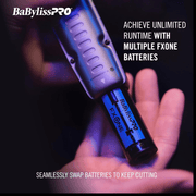 BaBylissPRO FXONE battery being held in a hand with promotional text on a dark background