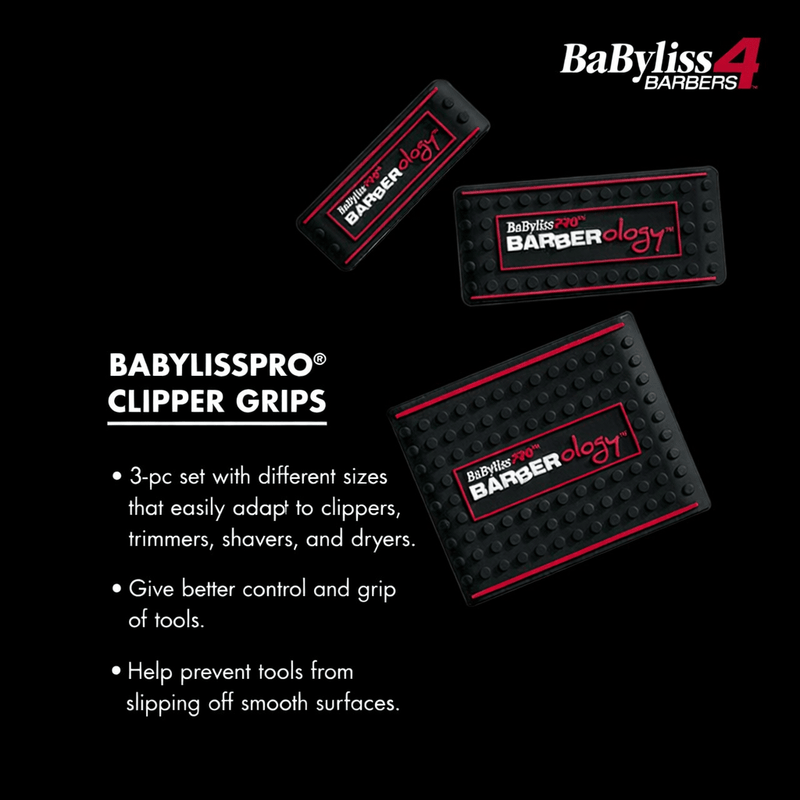 BABYLISSPRO clipper grips with Babyliss4 Barberology branding on a black background
