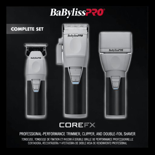BaBylissPRO Core FX grooming set on a black background